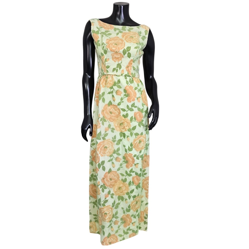 Vintage 60s Floral Maxi Dress NOS Green Orange Roses Bow Back Size 12 Formal